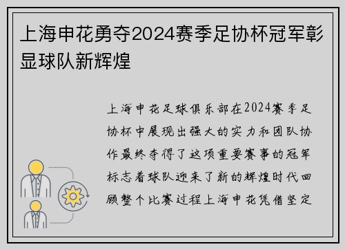 上海申花勇夺2024赛季足协杯冠军彰显球队新辉煌